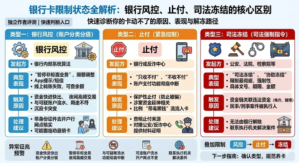 银行卡限制状态全解析:银行风控、止付、司法冻结的区别