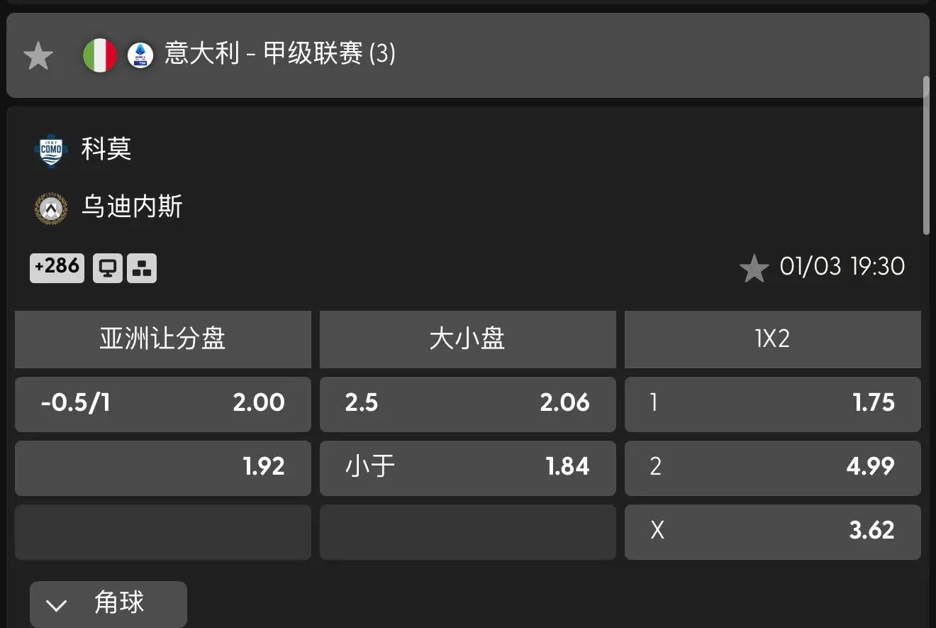 BTI普通联赛赛前盘口
