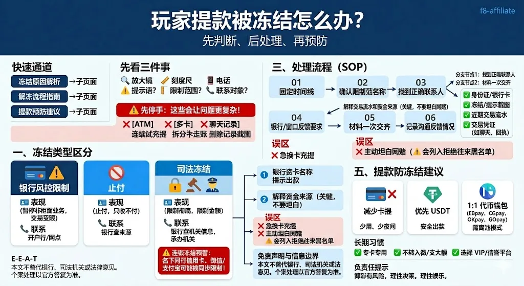 玩家提款后银行卡冻结处理流程:先判断银行风控、止付或司法冻结,再按对应路径处理