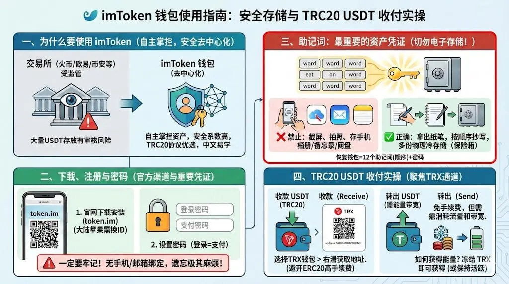 imToken 钱包中 TRC20 USDT 收付与助记词安全示意