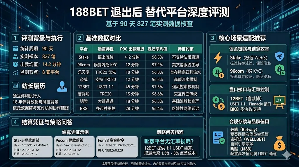 188BET 退出后替代平台深度评测:90 天 827 笔样本、出款速度、返还率、资金通道与平台适配对比