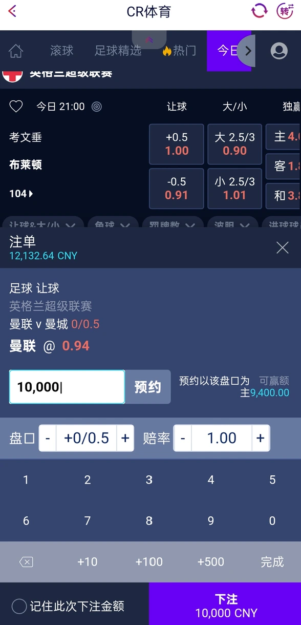万象城皇冠体育预约投注:输入 10,000 CNY 后调整盘口与赔率条件