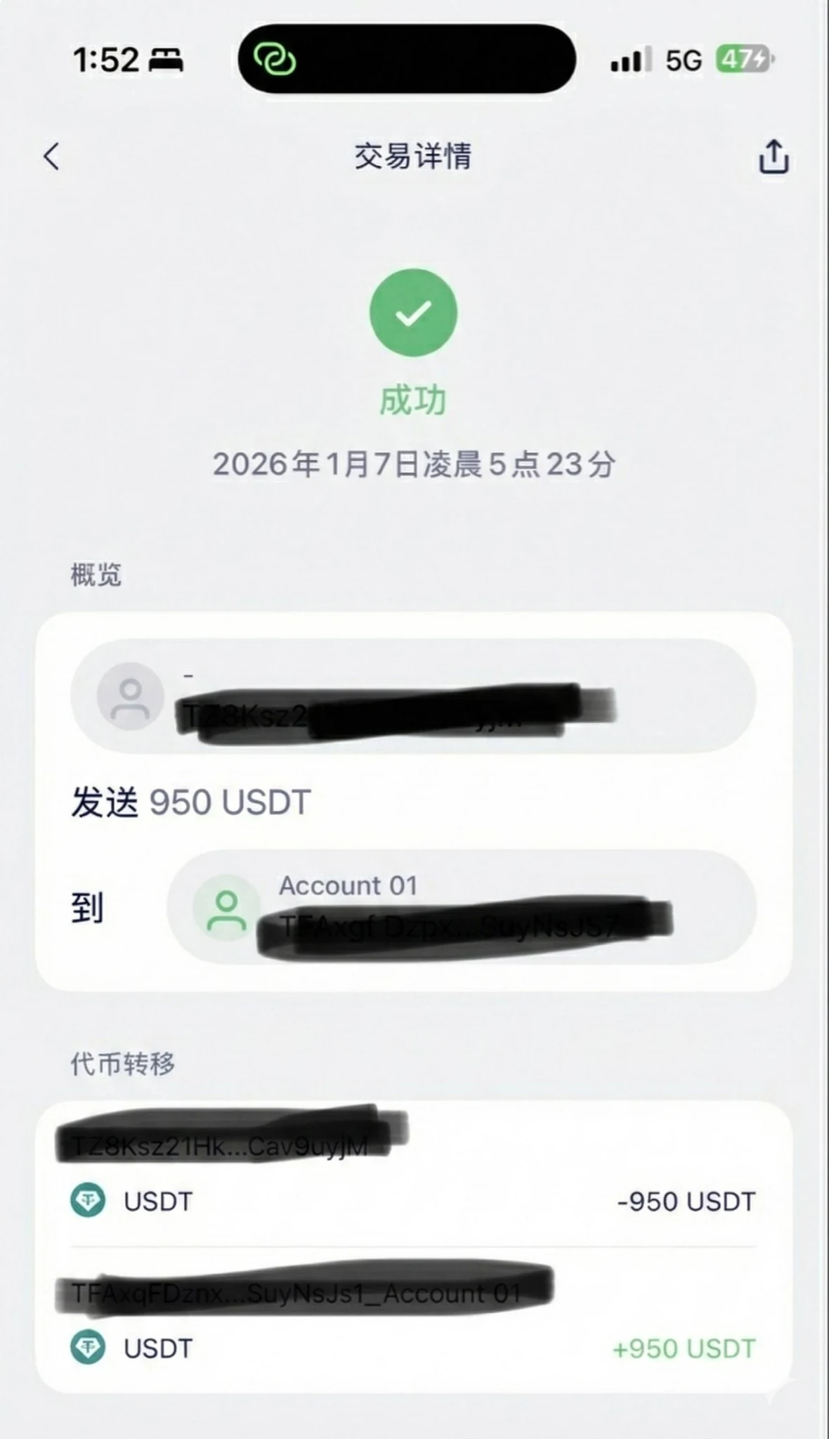 Stake 950 USDT 链上转账成功详情