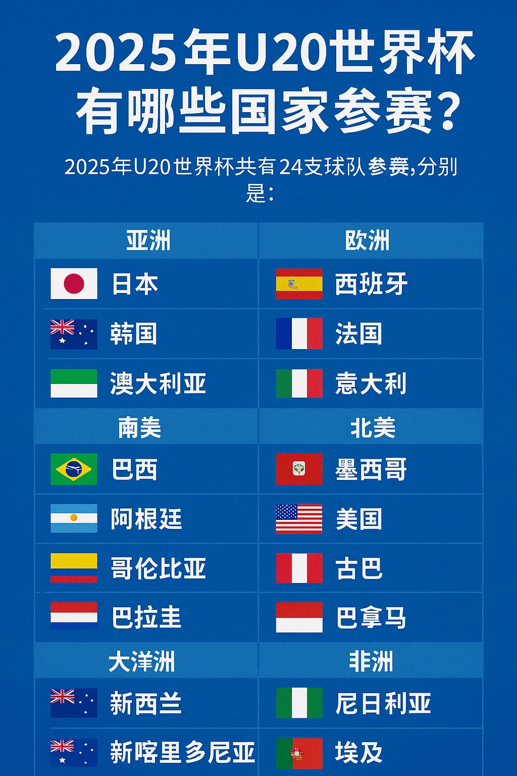 2025年U20世界杯有哪些国家参赛？24强完整名单一览