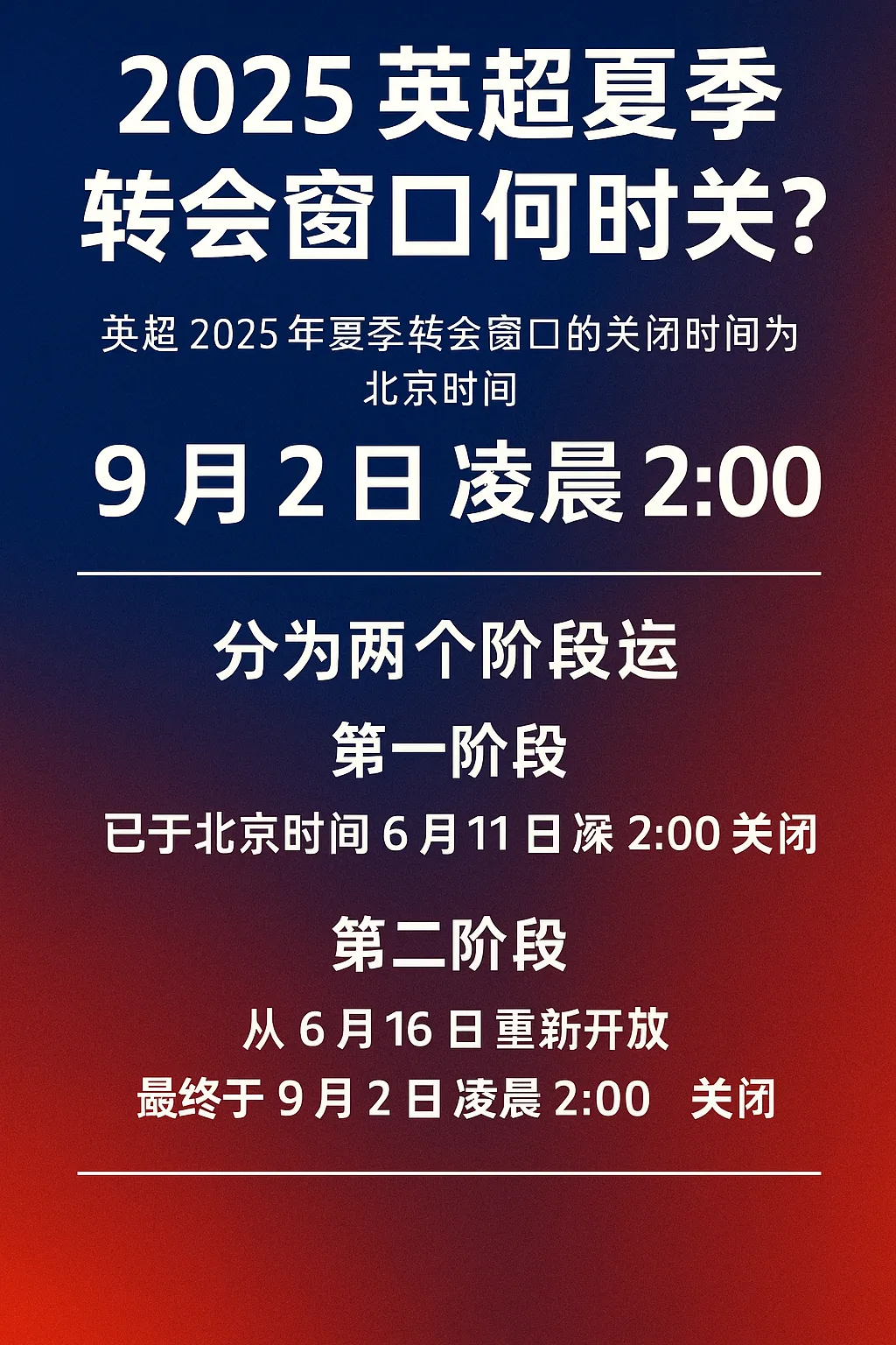 2025英超夏季转会窗口什么时候关闭？两阶段开放时间详解
