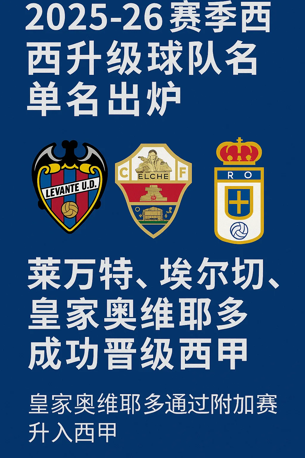 2025-26赛季西乙升级球队名单出炉：莱万特、埃尔切、皇家奥维耶多成功晋级西甲