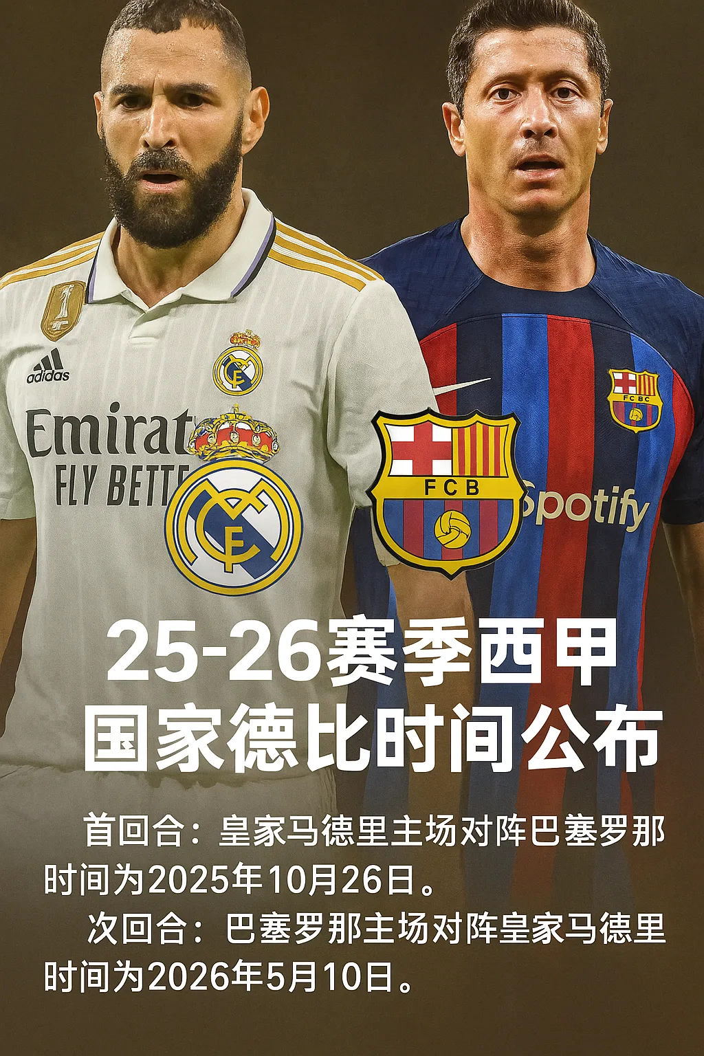 25-26赛季西甲国家德比时间公布：皇马与巴萨首回合10月26日开战，次回合5月10日再度对决