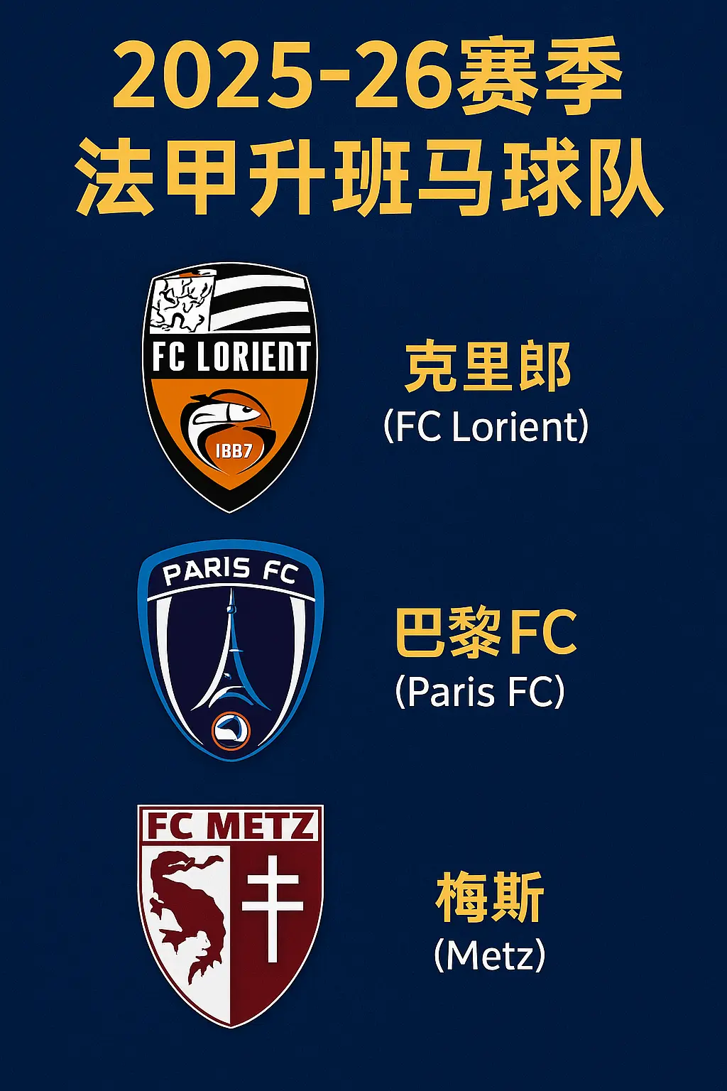 法甲2025-2026赛季升班马球队公布:洛里昂、巴黎FC、梅斯成功晋级法甲