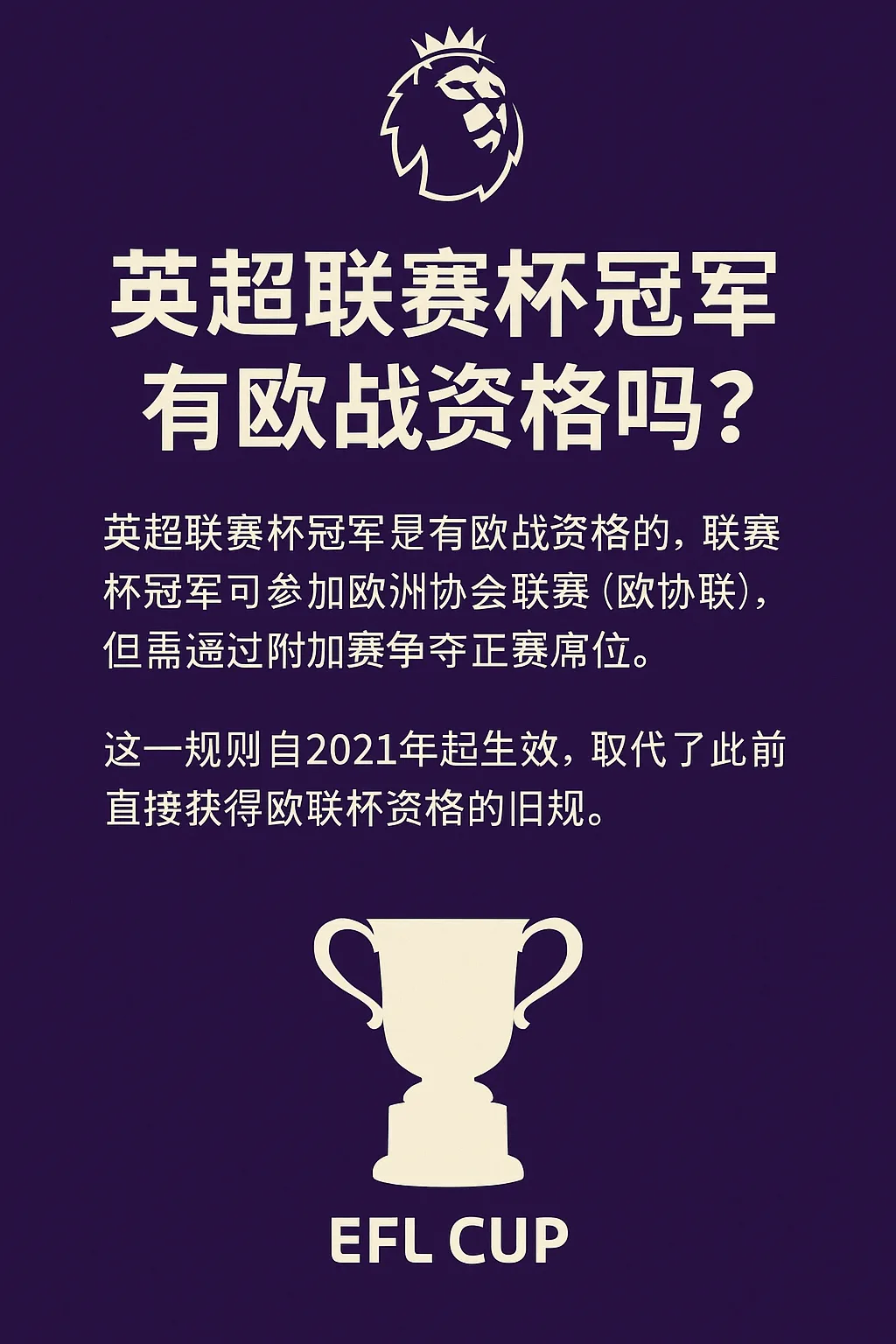 英超联赛杯冠军有欧战资格吗？