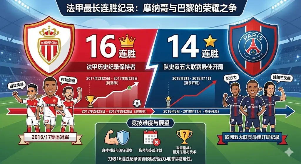 法甲最长连胜纪录是多少？摩纳哥16连胜神迹力压巴黎