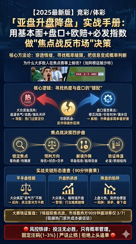 竞彩/体彩「亚盘升盘降盘」实战手册：用基本面+盘口+欧赔+必发指数做"焦点战反市场"决策
