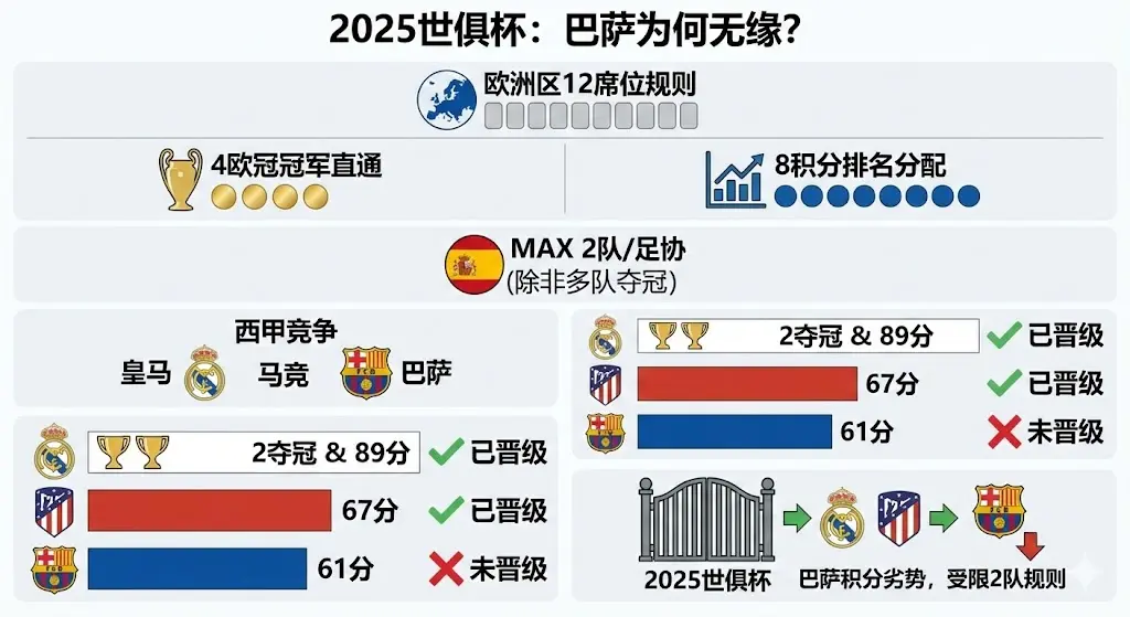 世俱杯 2025 参赛球队为什么没有巴萨？欧洲区名额规则与巴塞罗那落选原因全面解析