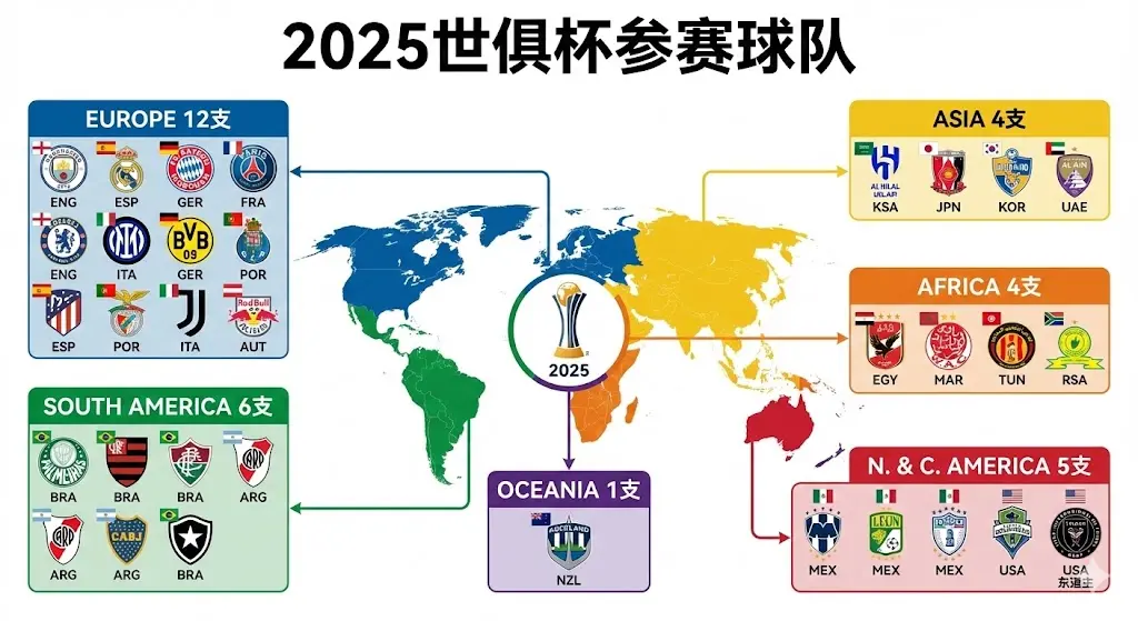 世俱杯 2025 参赛球队有哪些？32 支球队完整名单一览（按大洲分类汇总）