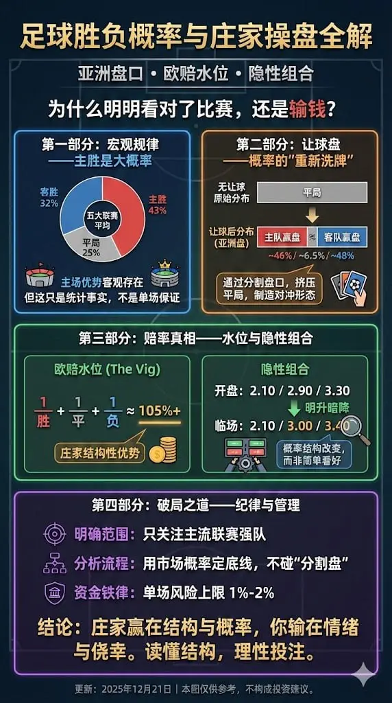 足球胜负概率与庄家操盘全解：亚洲盘口、欧赔水位、让球胜平负的概率结构与"隐性组合"