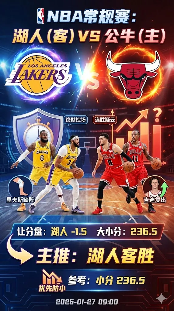 公牛连胜有热度但盘口仍站湖人一边 小让更适合跟客胜 总分高位优先防小