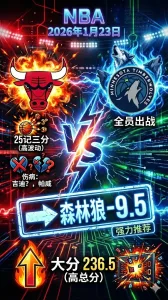NBA常规赛 公牛 vs 森林狼 森林狼让分深开 公牛伤停偏多 总分高位仍存大分逻辑