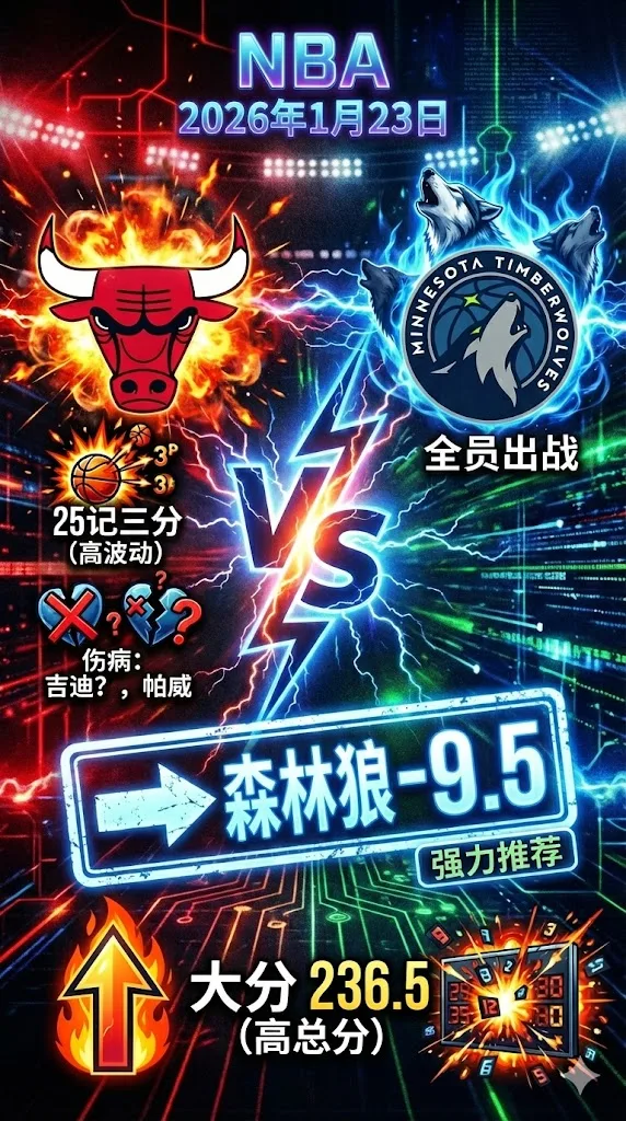 NBA常规赛 公牛 vs 森林狼 森林狼让分深开 公牛伤停偏多 总分高位仍存大分逻辑