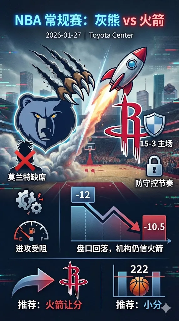 NBA常规赛 灰熊 vs 火箭 盘口从12回落到10.5 机构防伤病与赛程 方向仍偏火箭