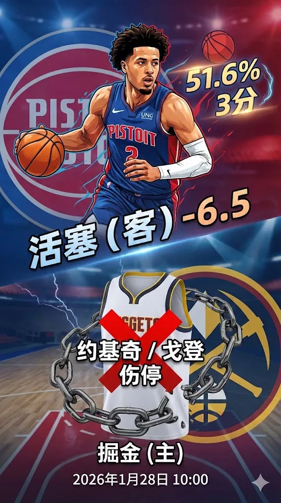 NBA常规赛：活塞vs掘金 活塞外线回暖延续强势，掘金核心伤停拉满让分深开仍偏客胜