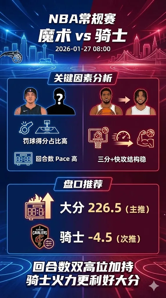 NBA常规赛 魔术vs骑士 回合数双高位加持 骑士三分火力和快攻结构更利好大分