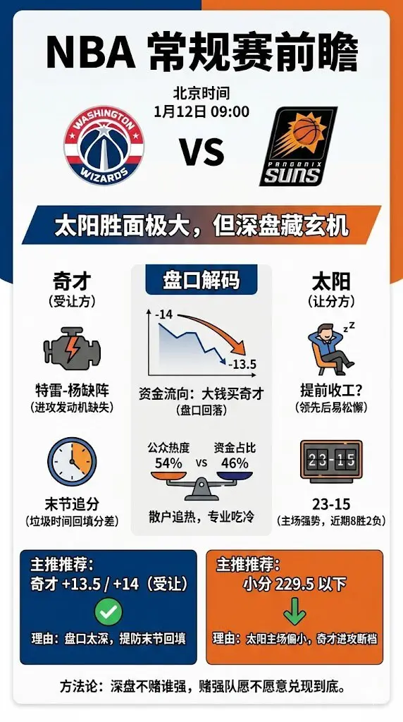 NBA常规赛 奇才 vs 太阳：太阳赢球概率极高，但深盘未必值得追