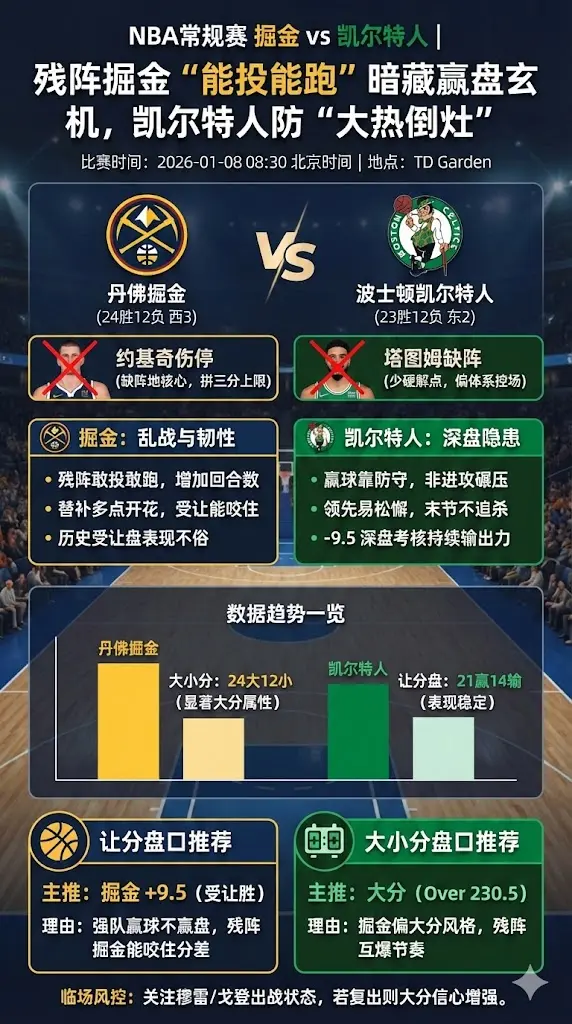 NBA常规赛前瞻：掘金 vs 凯尔特人｜残阵掘金“能投能跑”暗藏赢盘玄机，凯尔特人防“大热倒灶”