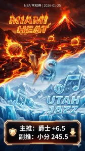 NBA常规赛 热火 vs 爵士 热火胜面更大 但让分退盘提示客场穿盘难度