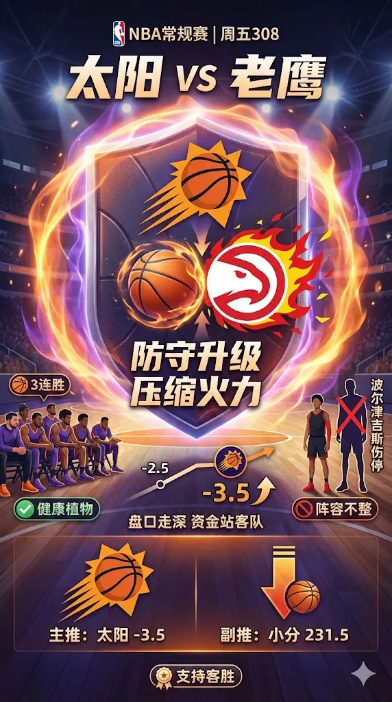 NBA常规赛 太阳 vs 老鹰 太阳防守升级压缩老鹰火力 盘口走深更支持客胜