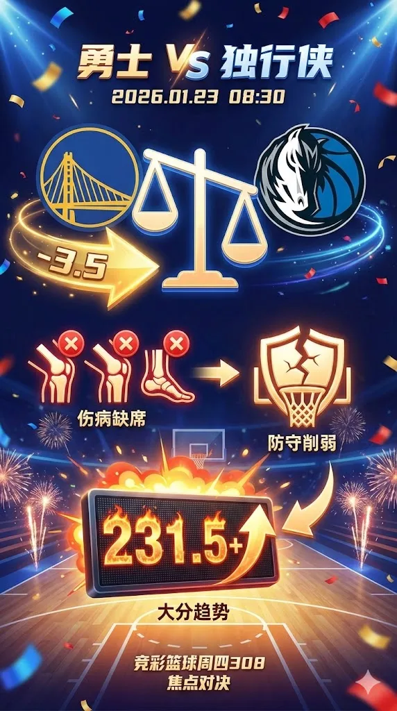 NBA常规赛 勇士 vs 独行侠 盘口走向勇士 总分抬到231.5 伤病削弱防守更利大分
