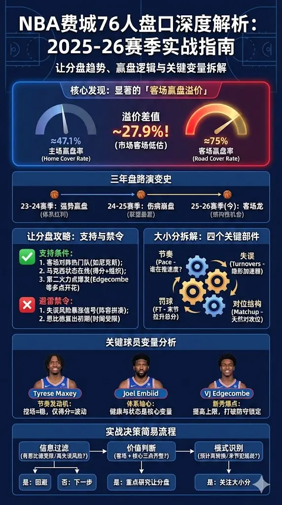 NBA费城76人盘口深度解析：让分盘/大小分趋势、赢盘逻辑与实战案例