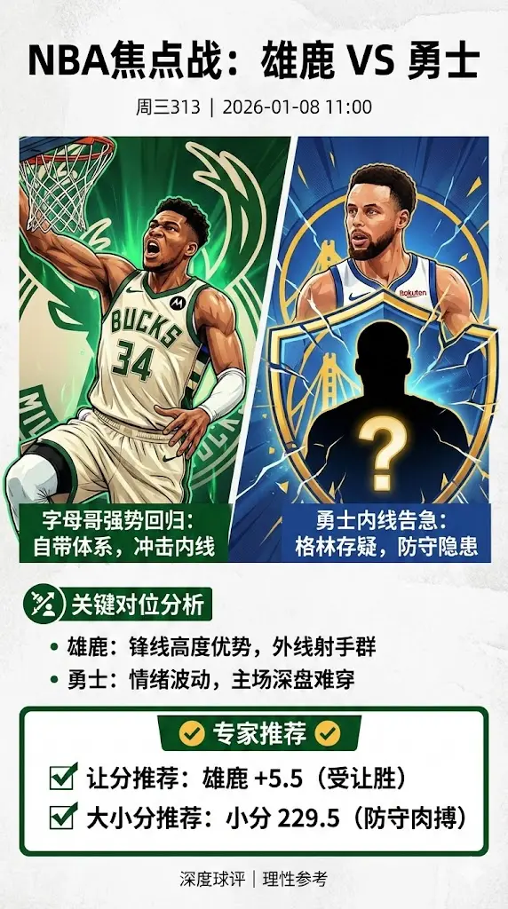 NBA焦点前瞻：雄鹿 vs 勇士｜字母哥自带体系回归，勇士内线隐患下，深盘难穿