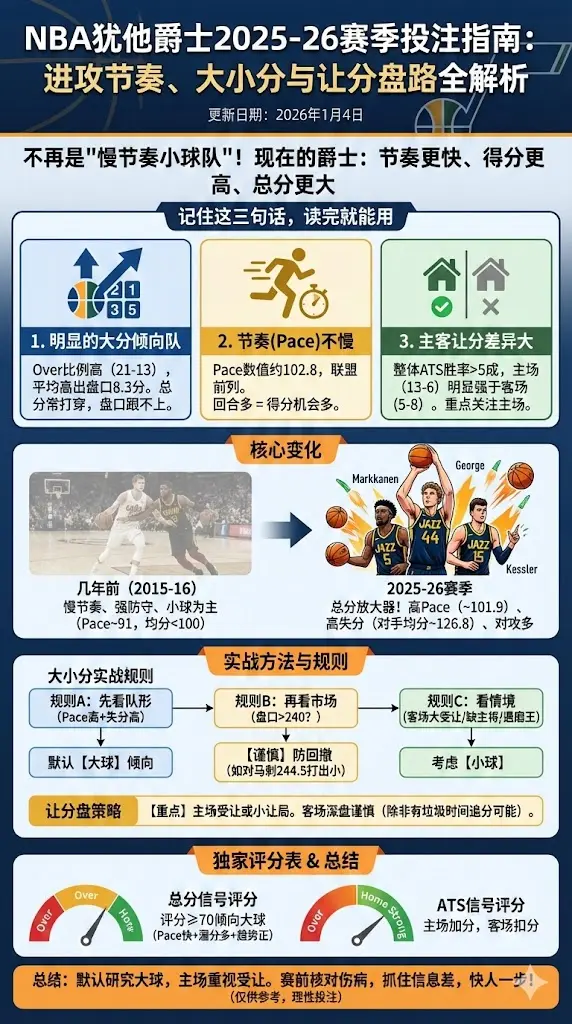 NBA犹他爵士2025-26赛季投注指南：进攻节奏、大小分与让分盘路全解析