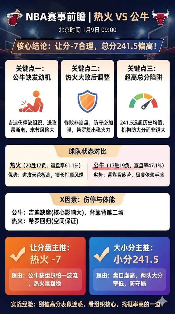 热火VS公牛：让分-7合理但总分241.5偏高，这场怎么买？