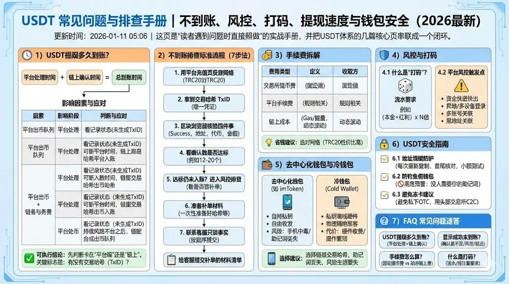 USDT 到账异常的排查路径，包括平台处理、链上确认和补单流程