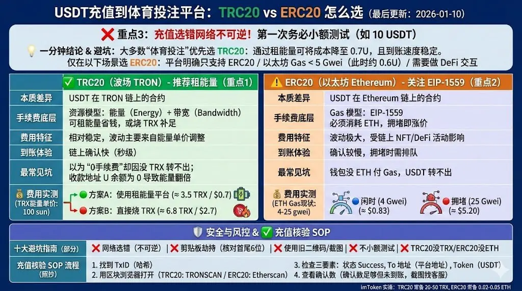 USDT 充值时 TRC20 与 ERC20 的对比总览