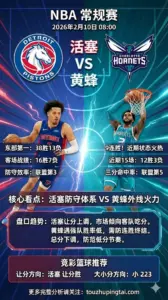 NBA常规赛 活塞 vs 黄蜂 黄蜂九连胜火热但活塞东部霸主，盘口上调偏向活塞客场吃分