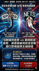 NBA常规赛 马刺 vs 篮网 马刺强势连胜篮网低迷连败 马刺背靠背疲劳或成变数盘口警惕篮网主场顽强