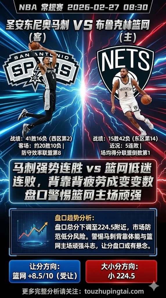 NBA常规赛 马刺 vs 篮网 马刺强势连胜篮网低迷连败 马刺背靠背疲劳或成变数盘口警惕篮网主场顽强