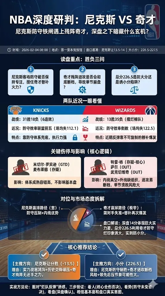 NBA常规赛 尼克斯 vs 奇才｜尼克斯六连胜防守升级奇才伤停多，盘口看好客队大胜吃深盘