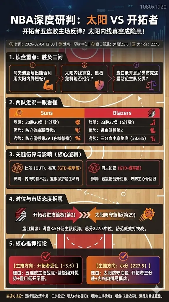 NBA常规赛 太阳 vs 开拓者｜开拓者五连败战意反弹太阳内线短板，盘口警惕主队低位吃分主胜
