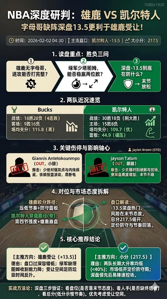 NBA常规赛 雄鹿 vs 凯尔特人 字母哥继续缺阵深盘让到13.5更利于雄鹿受让