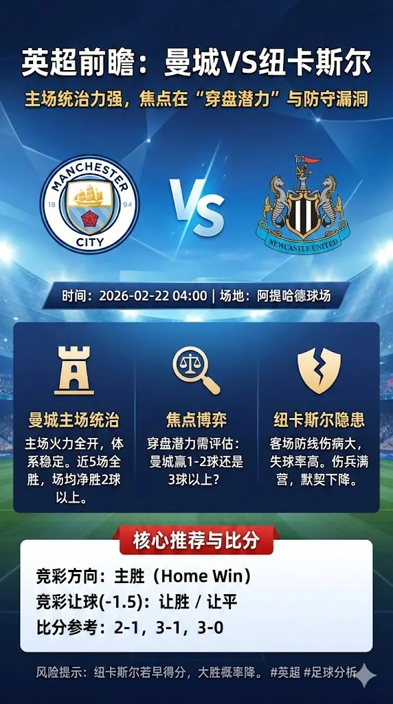 英超前瞻 曼城VS纽卡斯尔：主场统治力强，焦点在“穿盘潜力”与防守漏洞