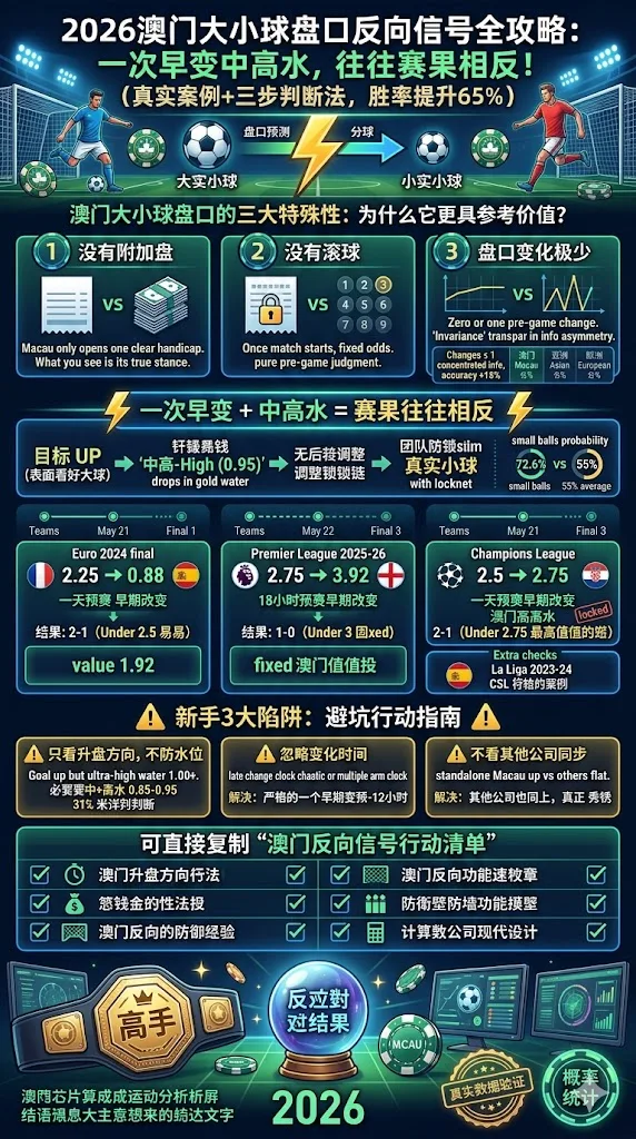 2026澳门大小球盘口反向信号全攻略：一次早变中高水，往往赛果相反！
