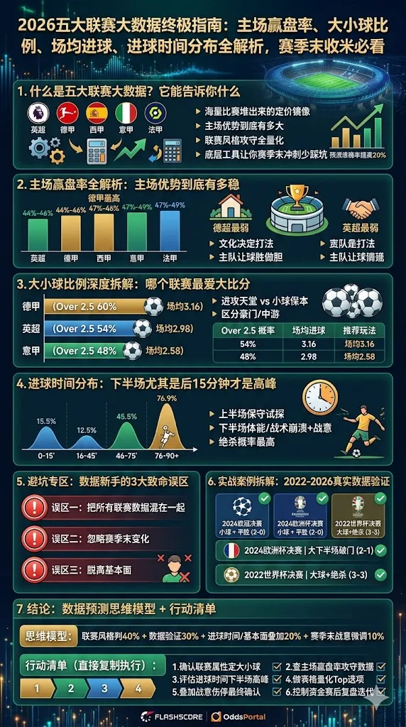 2026五大联赛大数据终极指南：主场赢盘率、大小球比例、场均进球、进球时间分布全解析，赛季末收米必看