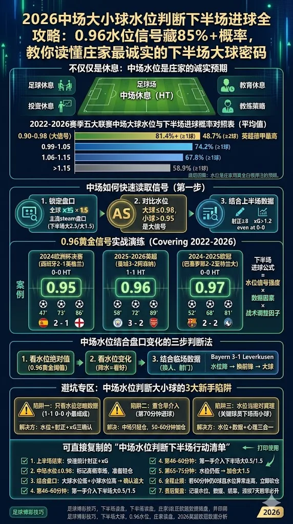 2026中场大小球水位判断下半场进球全攻略：0.96水位信号藏85%+概率，教你读懂庄家最诚实的下半场大球密码