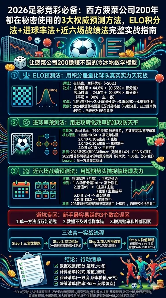 2026足彩竞彩必备：西方菠菜公司200年都在秘密使用的3大权威预测方法，ELO积分法+进球率法+近六场战绩法完整实战指南