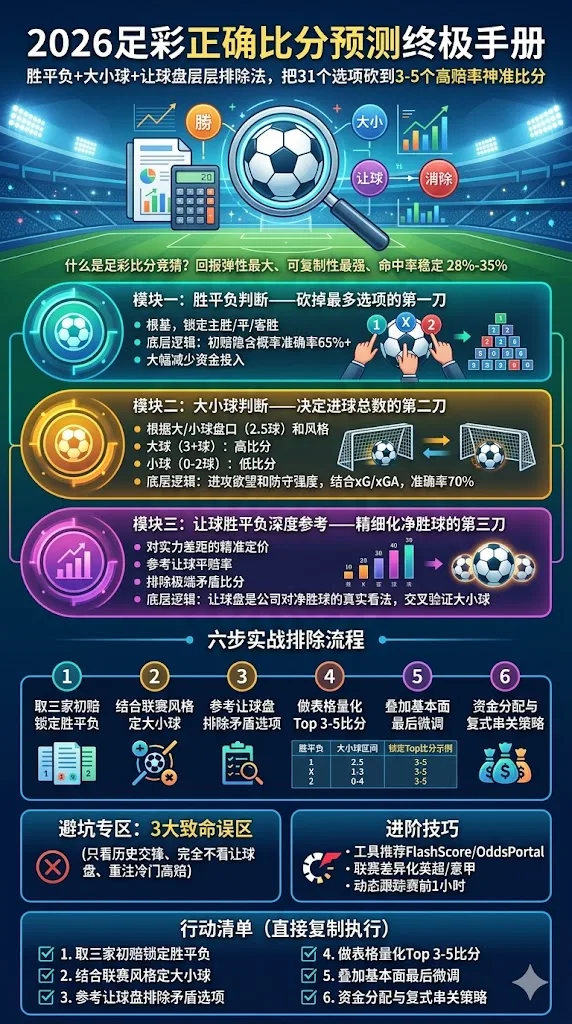 2026足彩正确比分预测终极手册：胜平负+大小球+让球盘层层排除法，把31个选项砍到3-5个高赔率神准比分