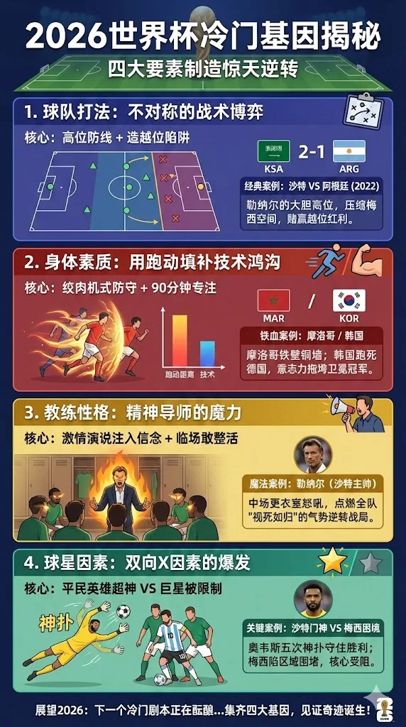2026世界杯冷门基因揭秘：球队打法+身体素质+教练性格+球星4大因素如何制造爆冷（附沙特爆冷阿根廷等真实案例）