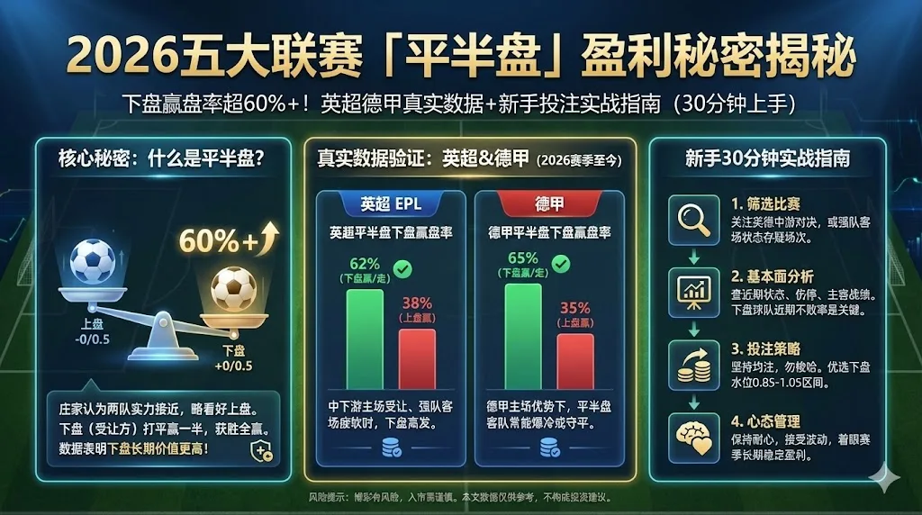 2026五大联赛平半盘秘密：下盘赢盘率仍高达60%+！英超德甲真实数据+投注实战指南（新手30分钟上手）
