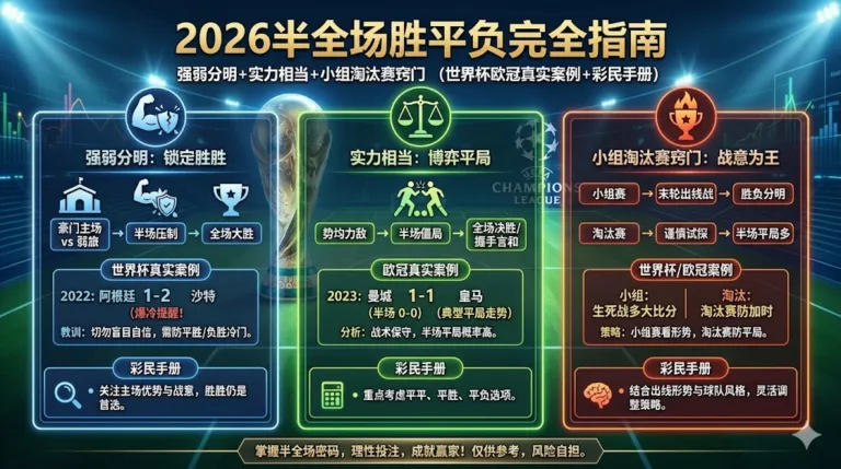2026半全场胜平负完全指南：强弱分明+实力相当+小组淘汰赛窍门（世界杯欧冠真实案例+彩民手册）